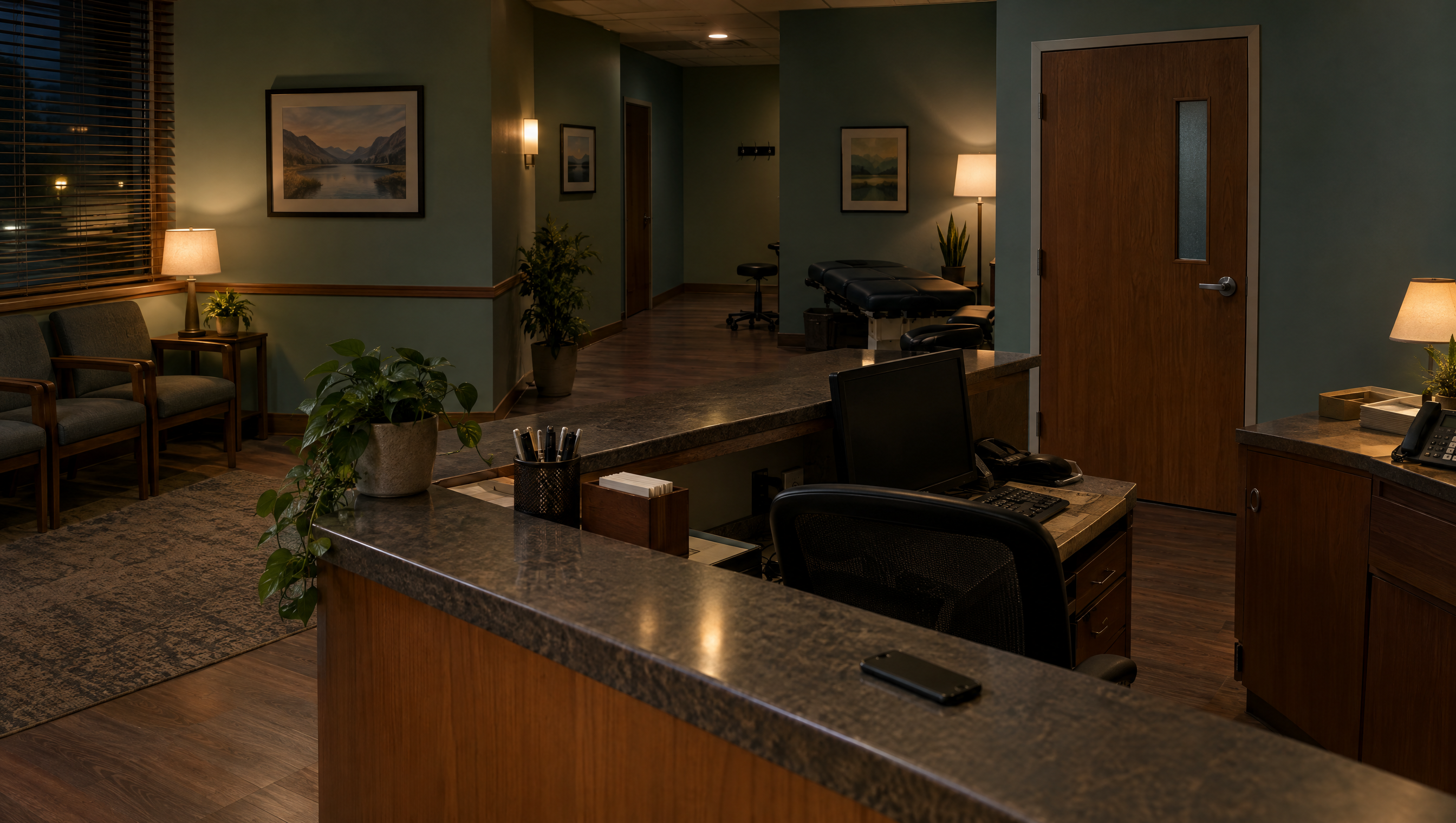 Empty chiropractic clinic front desk after hours