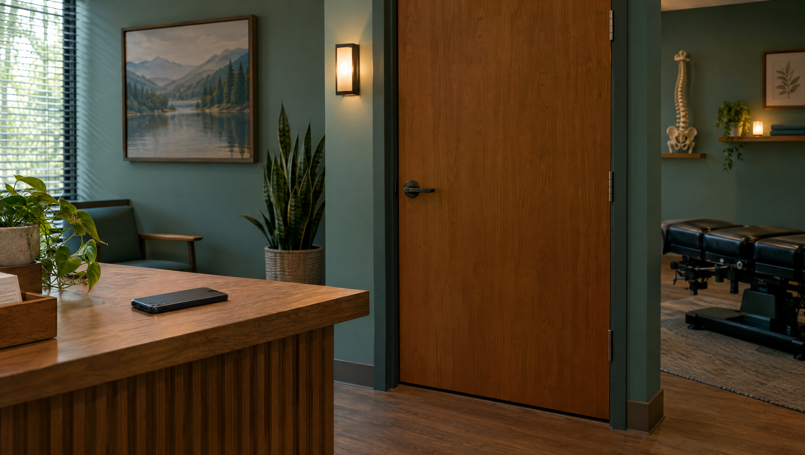 Closed treatment room door with a phone face down on the desk