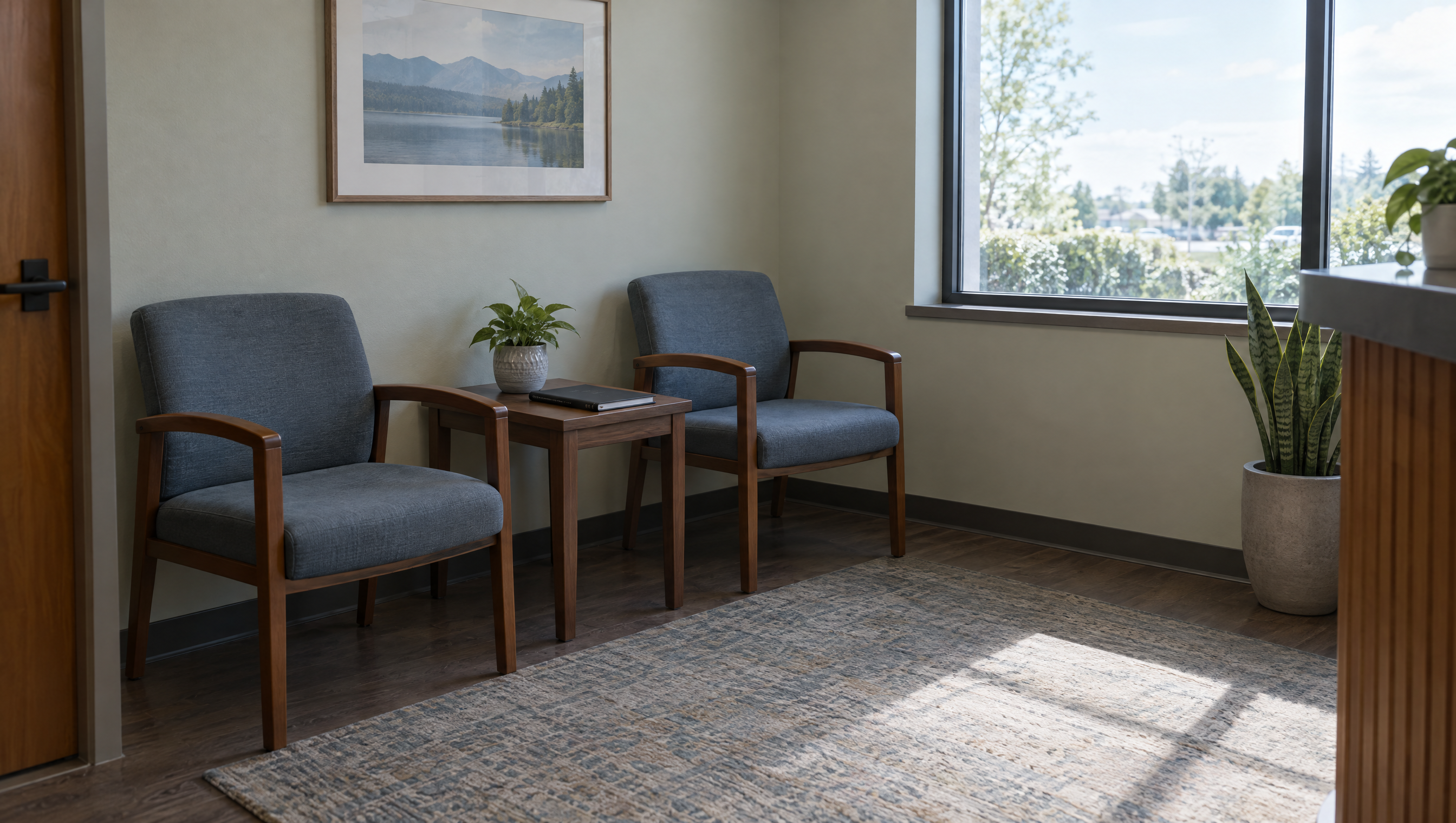 Quiet chiropractic waiting room on a Monday morning
