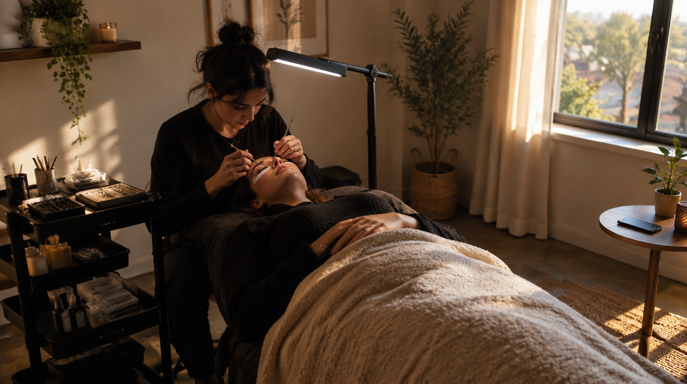 Lash artist mid-set in a one-room studio