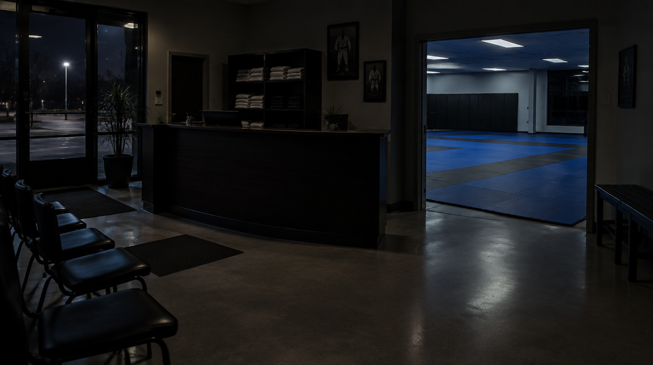 Empty martial arts school lobby after the last class