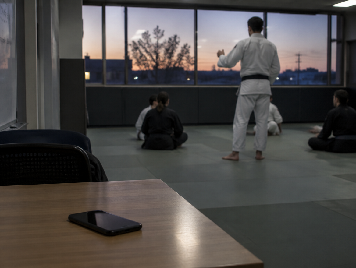 Instructor on the mats with a phone face down at the desk