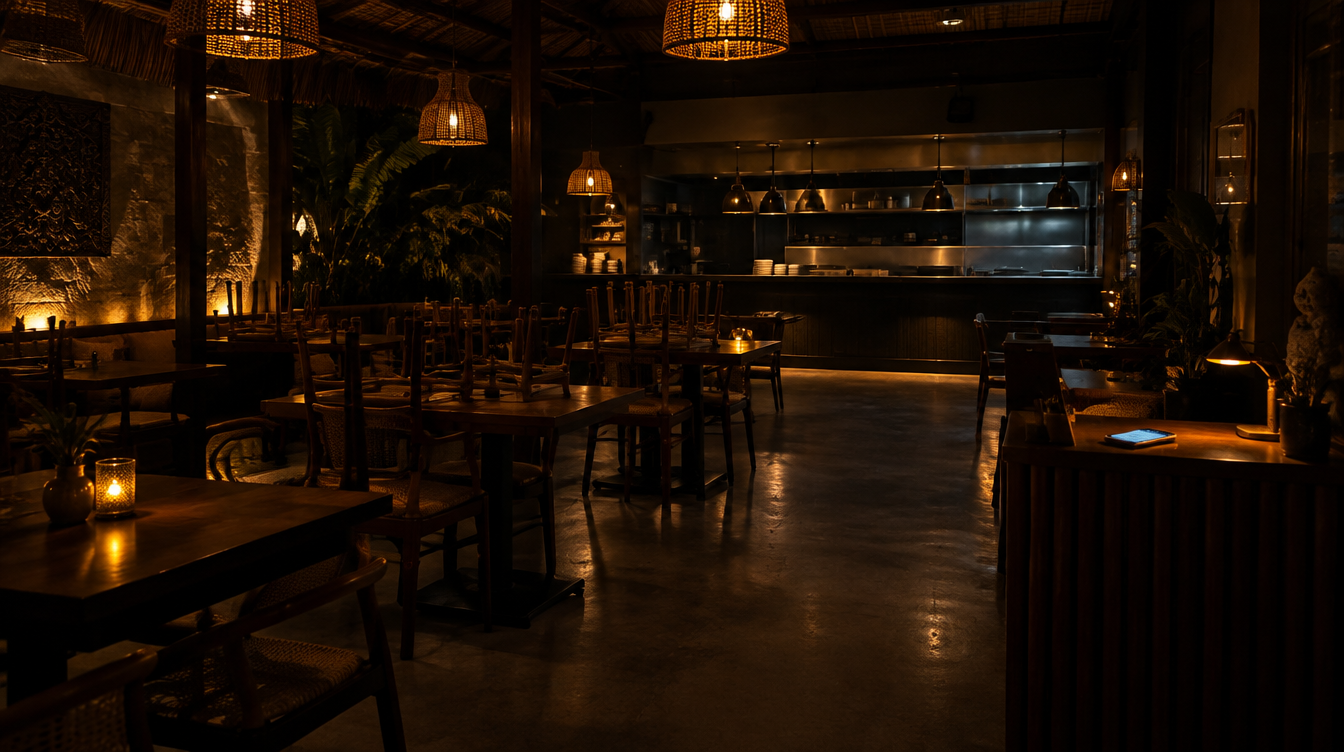 Restoran gelap setelah tutup, meja kosong