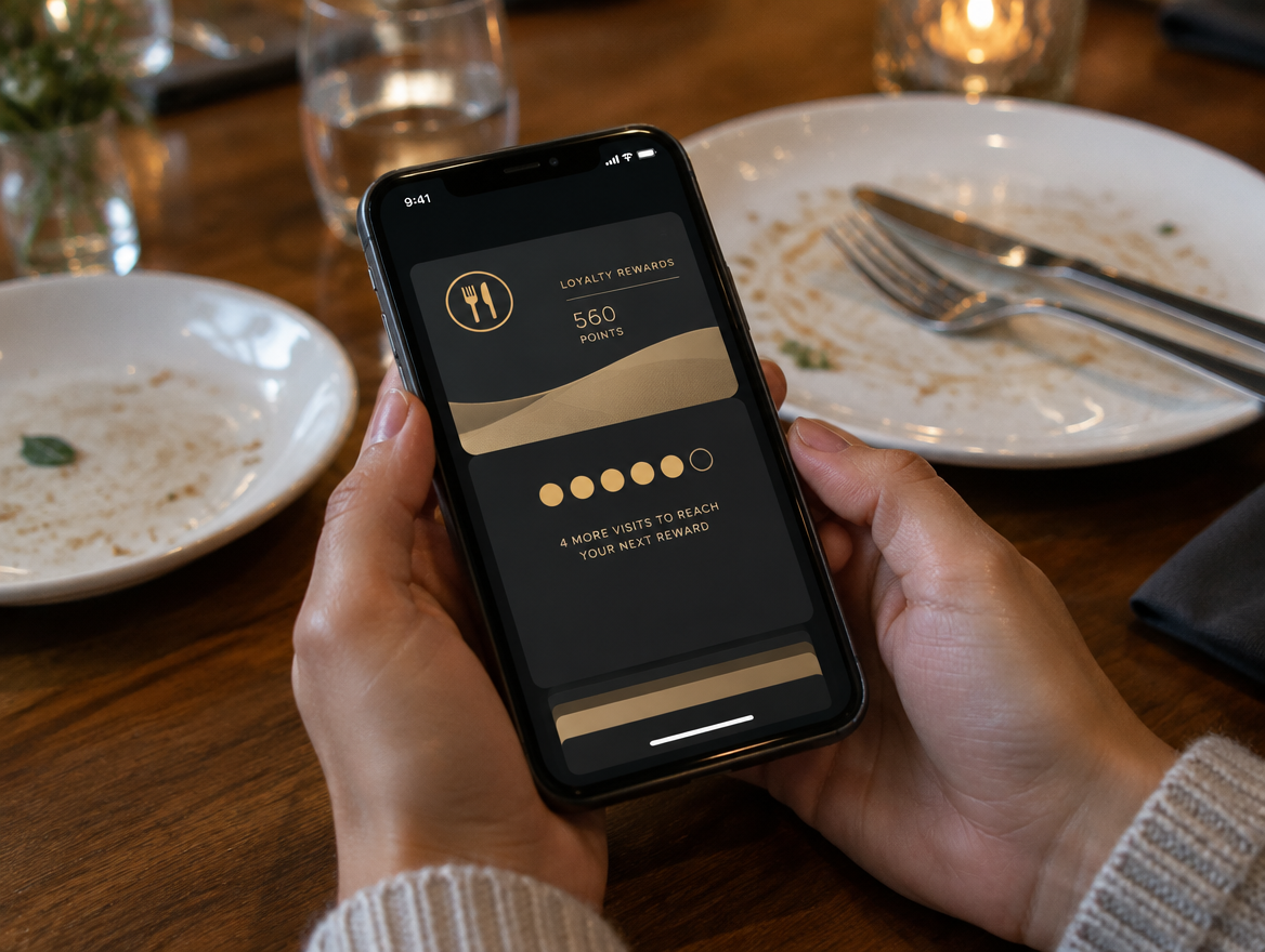 Tamu memegang pass loyalty di HP setelah makan