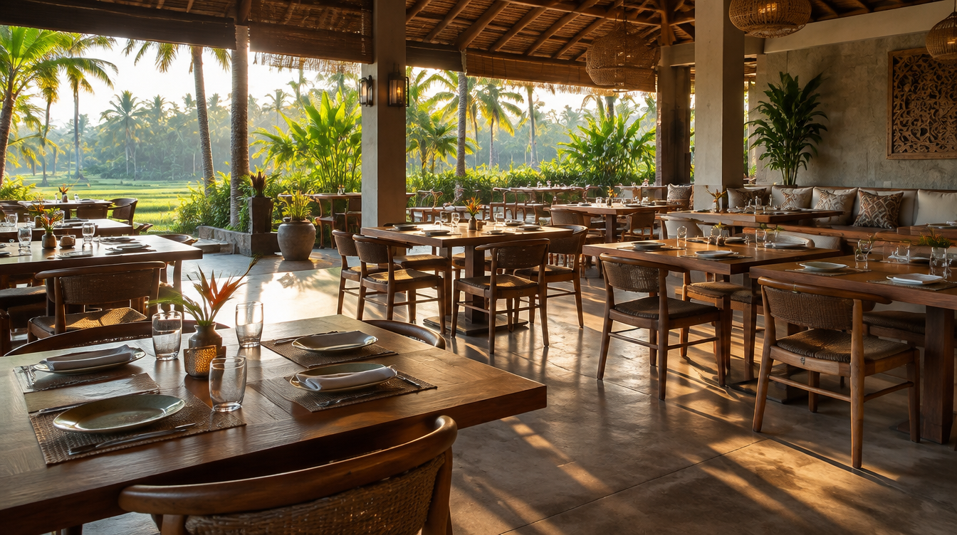 Meja kosong di restoran Bali pada sore hari di tengah minggu