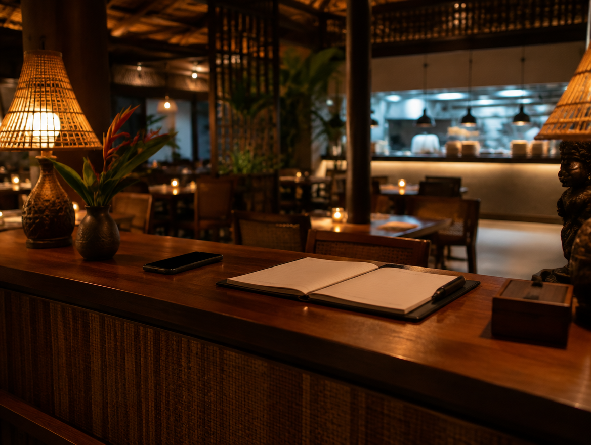 Indonesian restaurant host desk at night